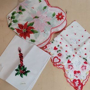 Vintage Handkerchief Lot of 3 Holiday Christmas Valentines Day Poinsettia Hearts